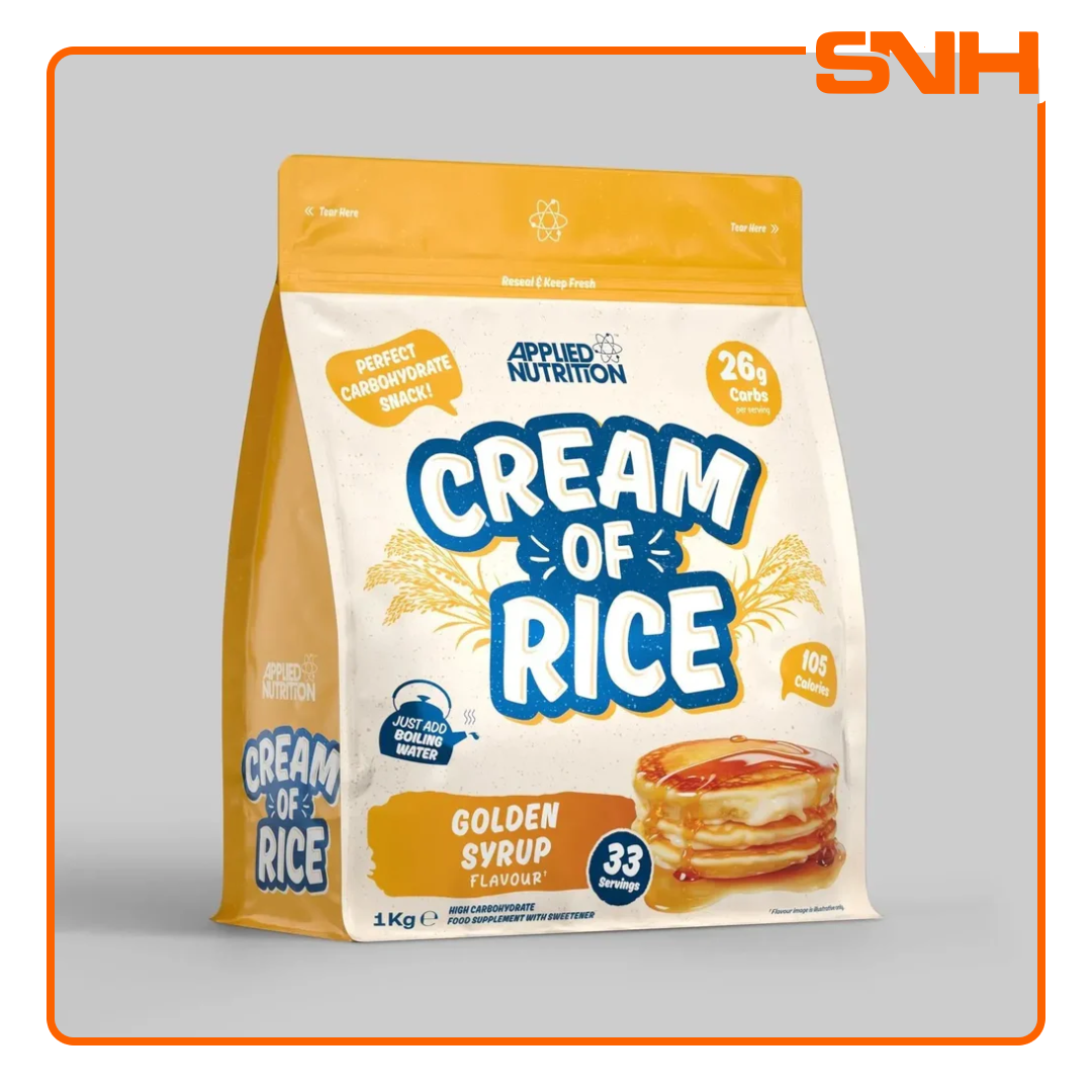 Applied Nutrition Cream of Rice tub, UK-made vegan-friendly carb snack with easy-digesting complex carbohydrates for pre-workout fuel