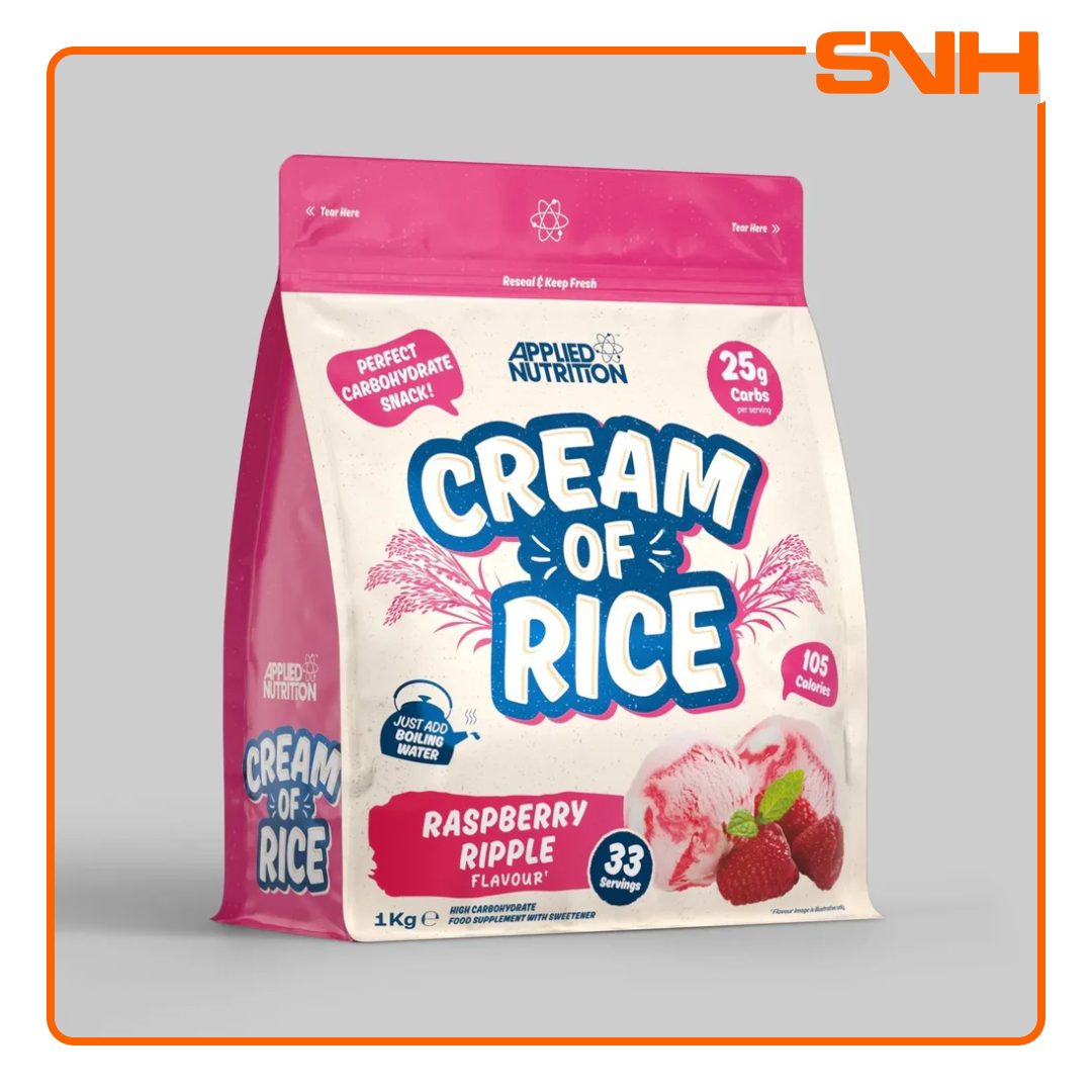 Applied Nutrition Cream of Rice tub, UK-made vegan-friendly carb snack with easy-digesting complex carbohydrates for pre-workout fuel