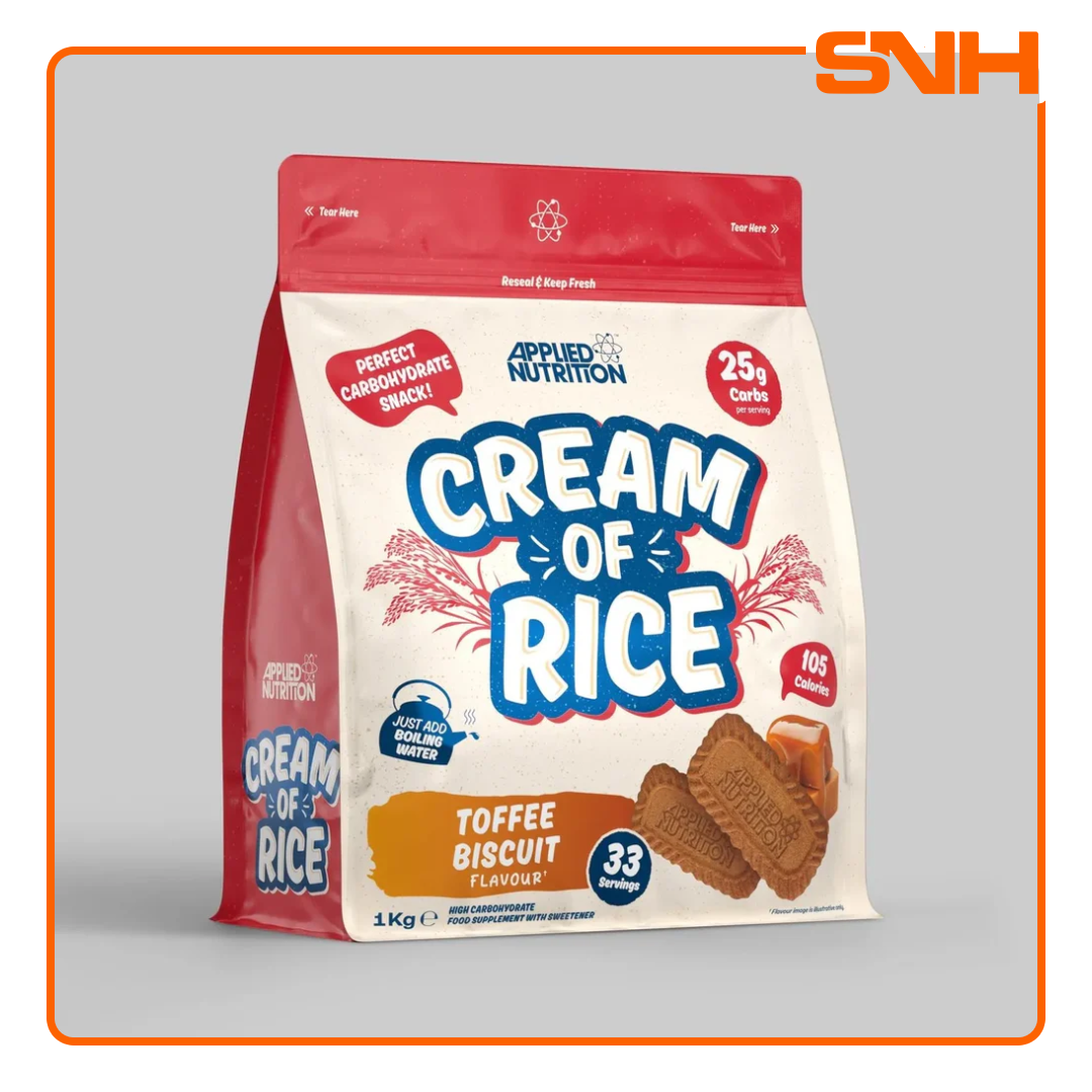 Applied Nutrition Cream of Rice tub, UK-made vegan-friendly carb snack with easy-digesting complex carbohydrates for pre-workout fuel