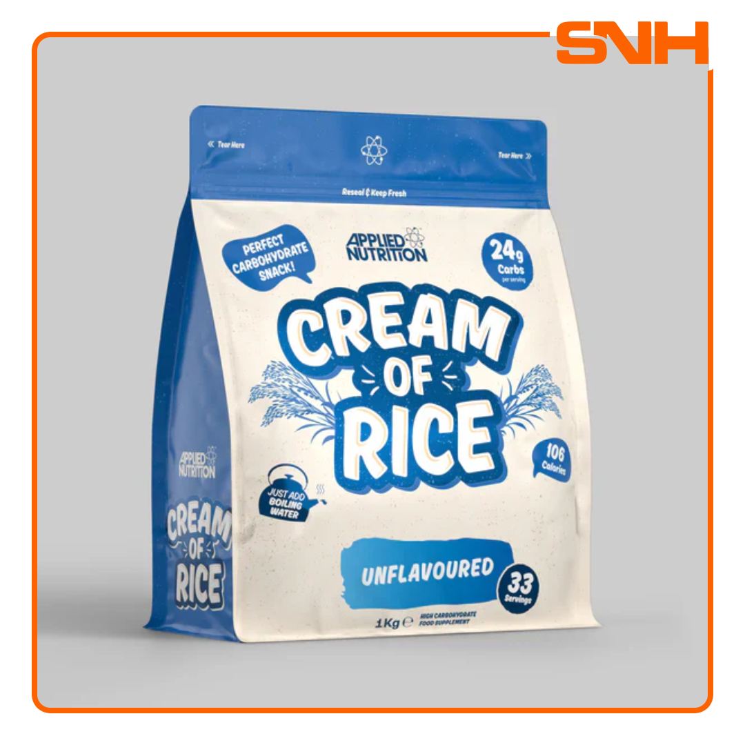Applied Nutrition Cream of Rice tub, UK-made vegan-friendly carb snack with easy-digesting complex carbohydrates for pre-workout fuel