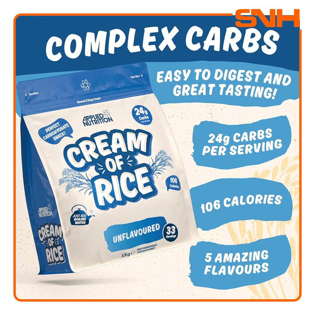 Applied Nutrition Cream of Rice tub, UK-made vegan-friendly carb snack with easy-digesting complex carbohydrates for pre-workout fuel