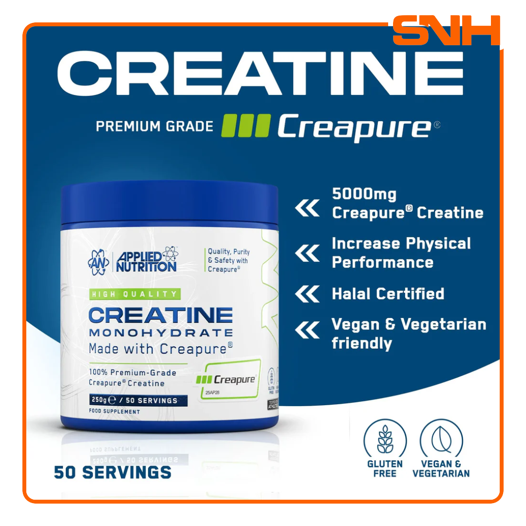 Applied Nutrition Creapure Creatine Monohydrate tub, UK-finished daily creatine with 100% German Creapure for premium-grade strength support