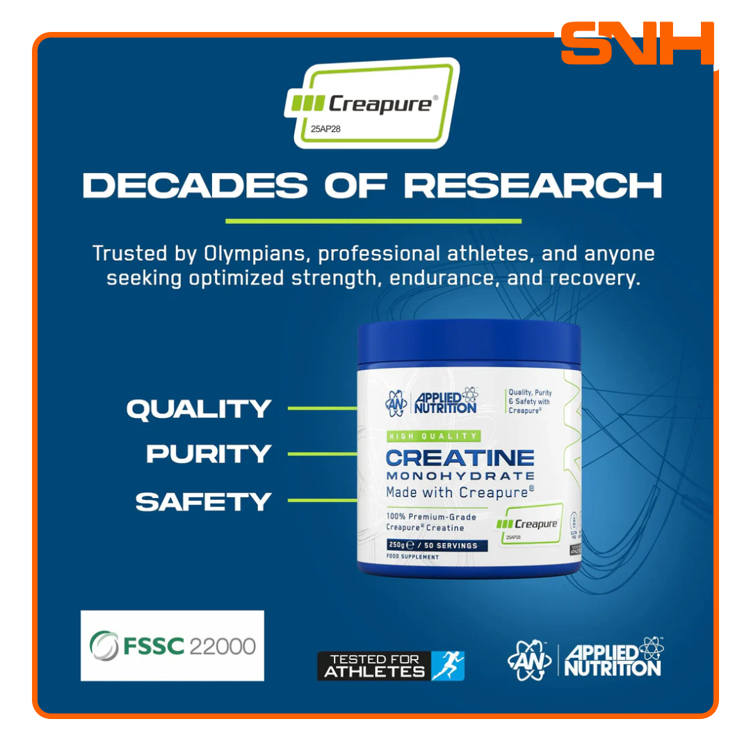 Applied Nutrition Creapure Creatine Monohydrate tub, UK-finished daily creatine with 100% German Creapure for premium-grade strength support