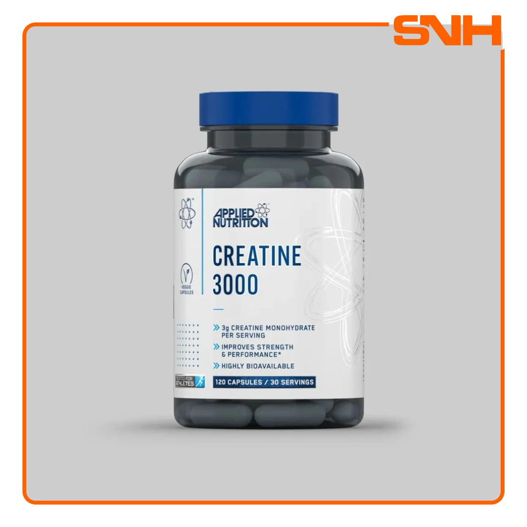 Applied Nutrition Creatine 3000 Capsules bottle, UK-made halal micronised creatine monohydrate capsules with 3000mg per serving