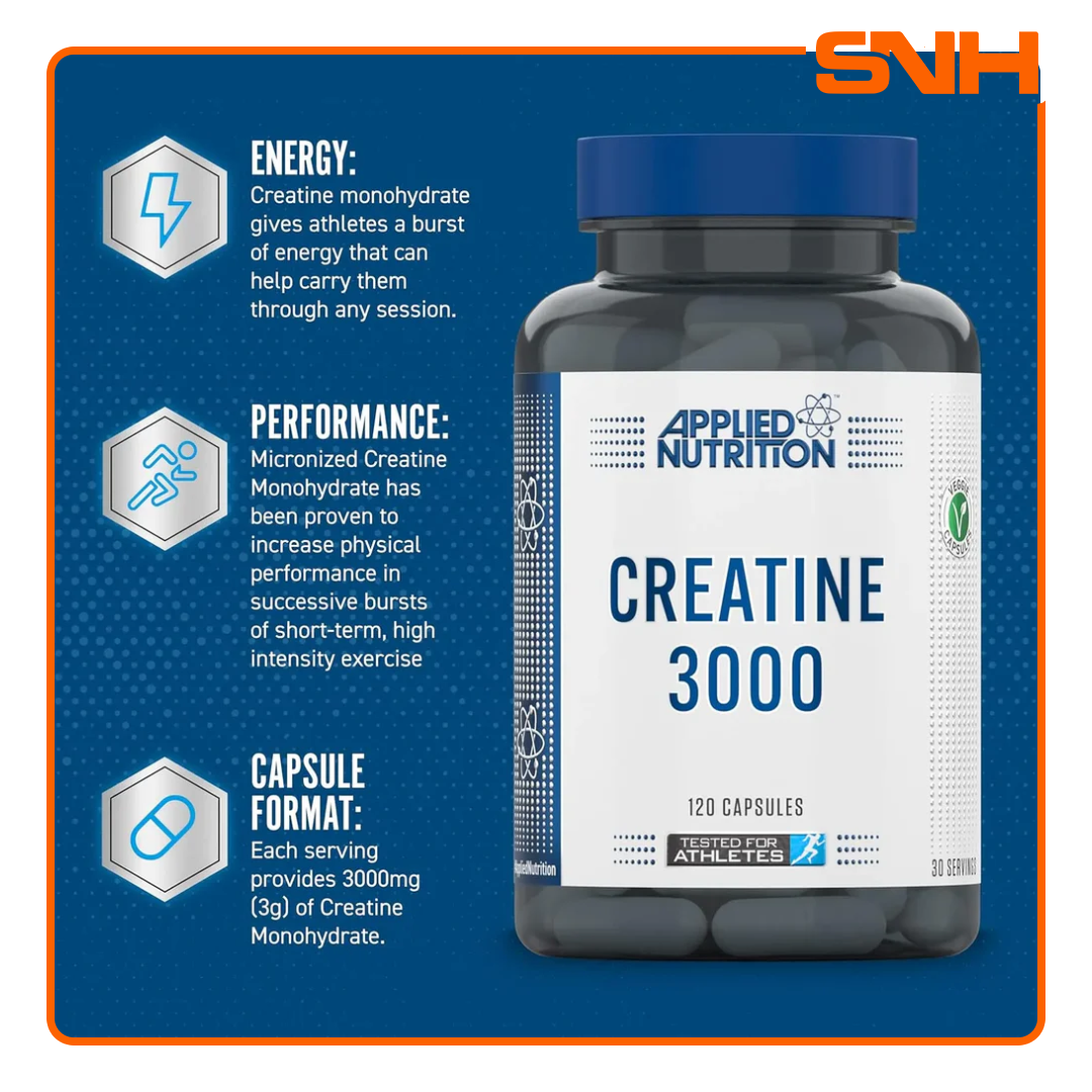Applied Nutrition Creatine 3000 Capsules bottle, UK-made halal micronised creatine monohydrate capsules with 3000mg per serving