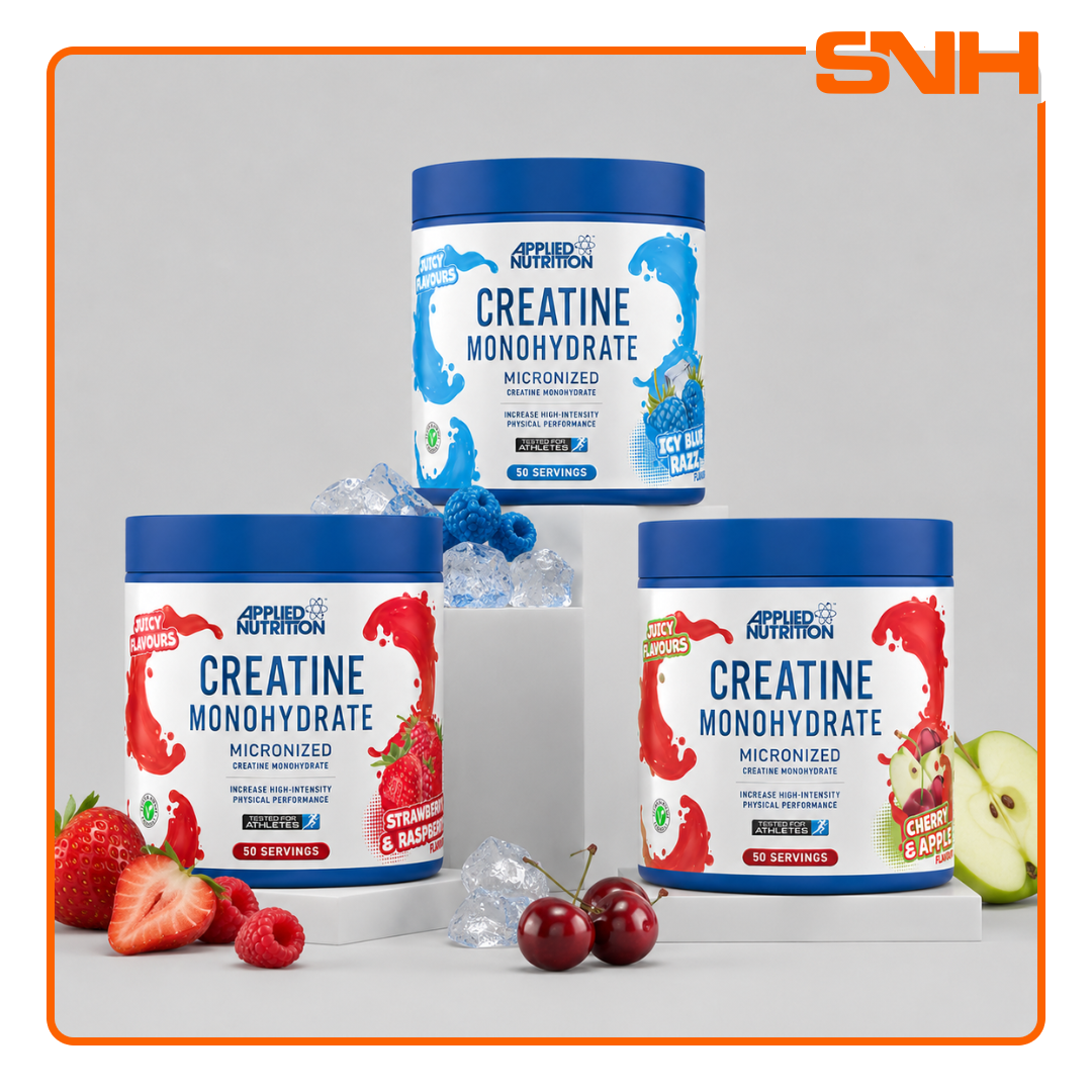 Applied Nutrition Flavoured Creatine Monohydrate 50-serving tub, UK-made flavoured creatine for strength, power, and muscle growth