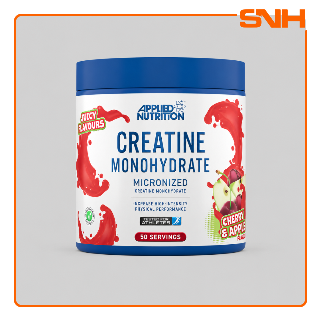 Applied Nutrition Flavoured Creatine Monohydrate 50-serving tub, UK-made flavoured creatine for strength, power, and muscle growth