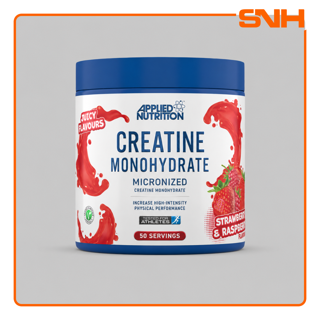 Applied Nutrition Flavoured Creatine Monohydrate 50-serving tub, UK-made flavoured creatine for strength, power, and muscle growth