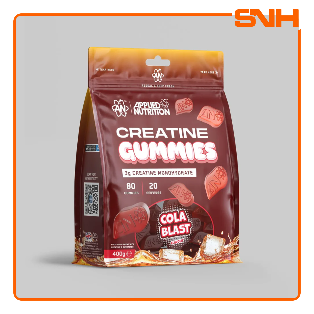 Applied Nutrition Creatine Monohydrate Gummies bottle, UK-made vegan halal creatine gummies with 3000mg per serving for strength and muscle