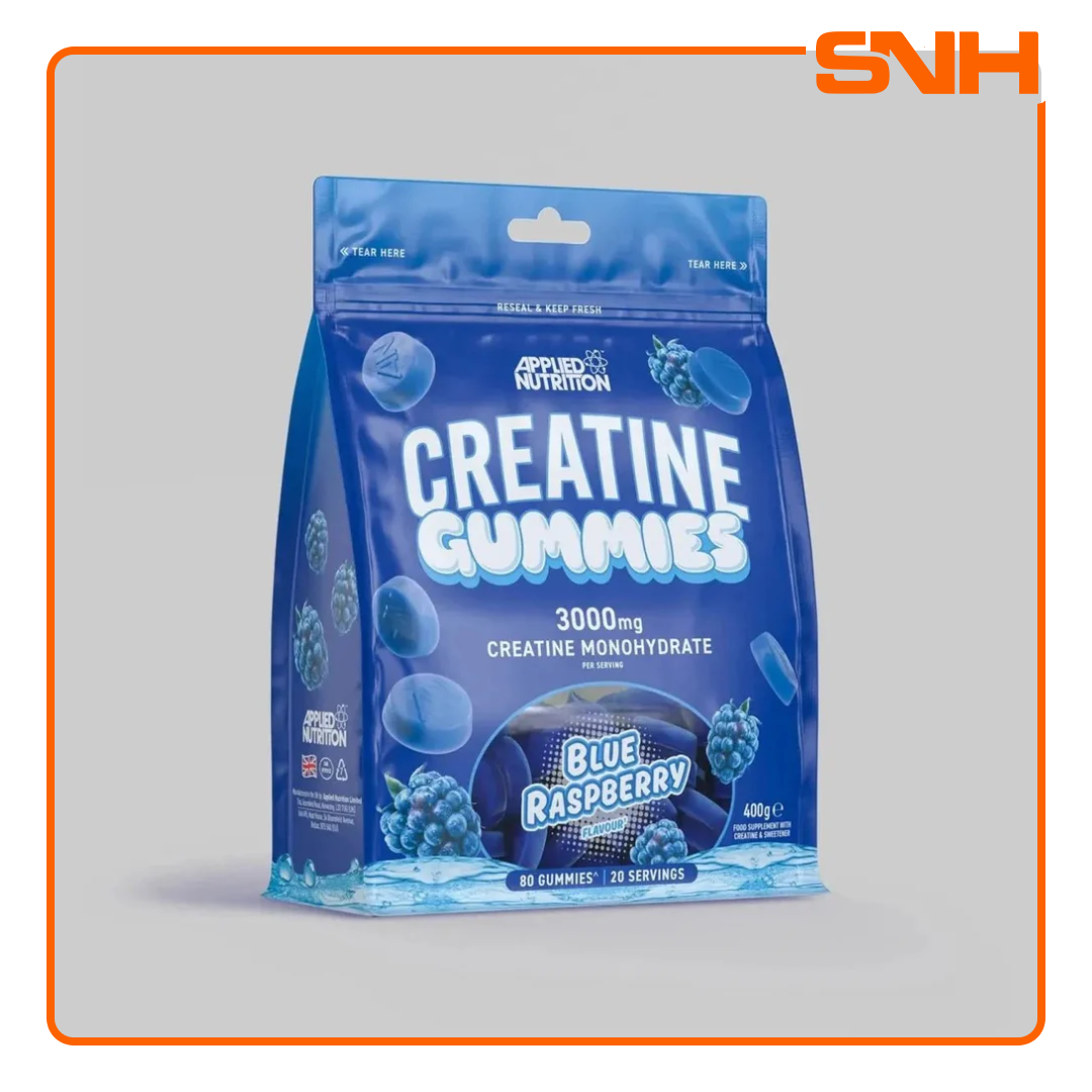 Applied Nutrition Creatine Monohydrate Gummies bottle, UK-made vegan halal creatine gummies with 3000mg per serving for strength and muscle