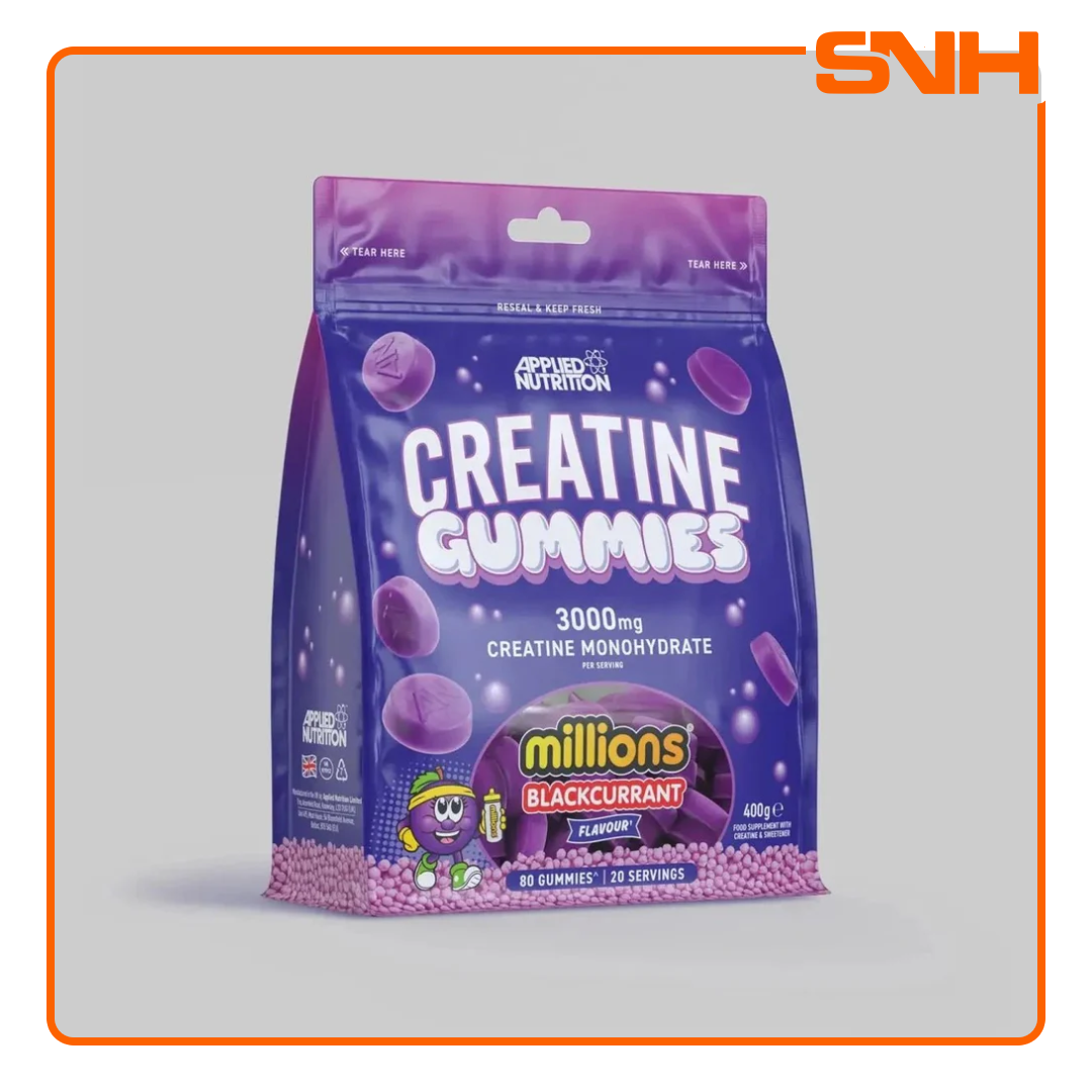 Applied Nutrition Creatine Monohydrate Gummies bottle, UK-made vegan halal creatine gummies with 3000mg per serving for strength and muscle