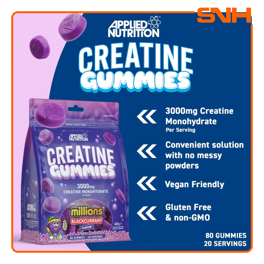 Applied Nutrition Creatine Monohydrate Gummies bottle, UK-made vegan halal creatine gummies with 3000mg per serving for strength and muscle