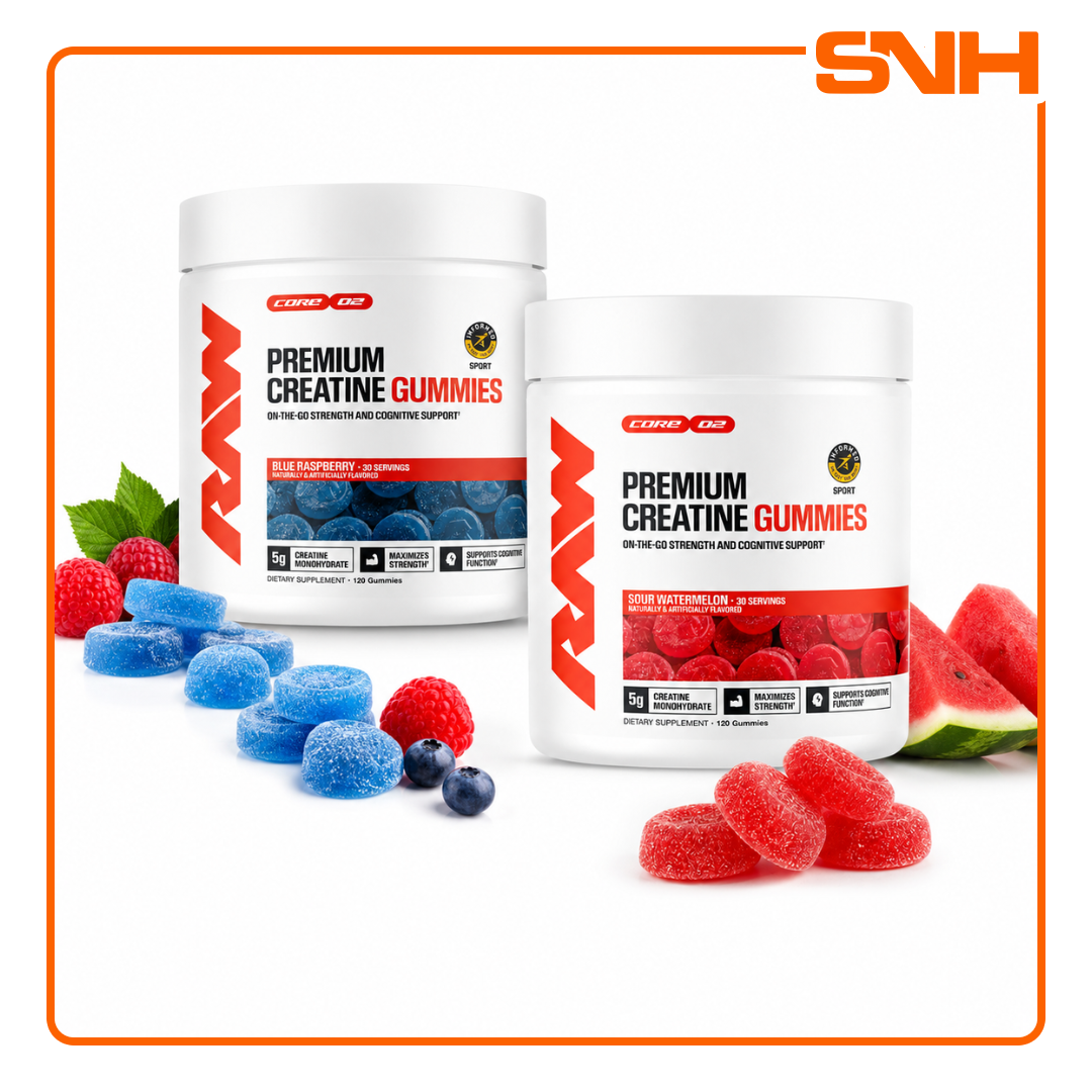 RAW Creatine Gummies pack, US-made daily creatine with full 5g clinical dose of creatine monohydrate per serving in pectin-based gummy format