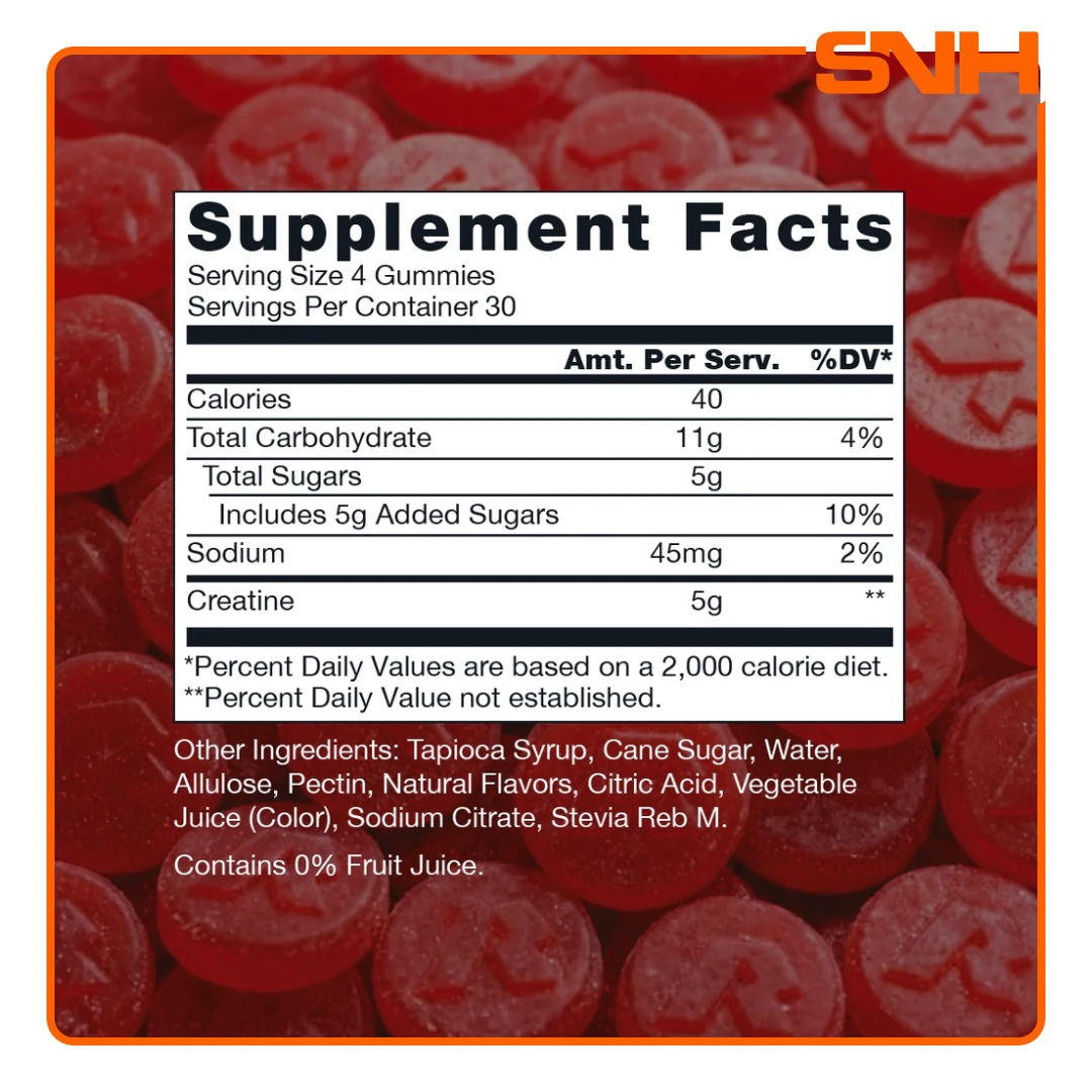 RAW Creatine Gummies pack, US-made daily creatine with full 5g clinical dose of creatine monohydrate per serving in pectin-based gummy format