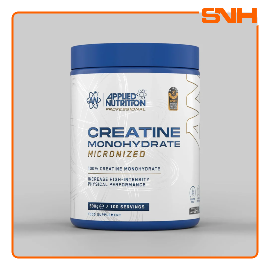 Applied Nutrition Creatine Monohydrate 100-serving bulk tub, UK-made Informed Sport micronised creatine for strength and muscle growth