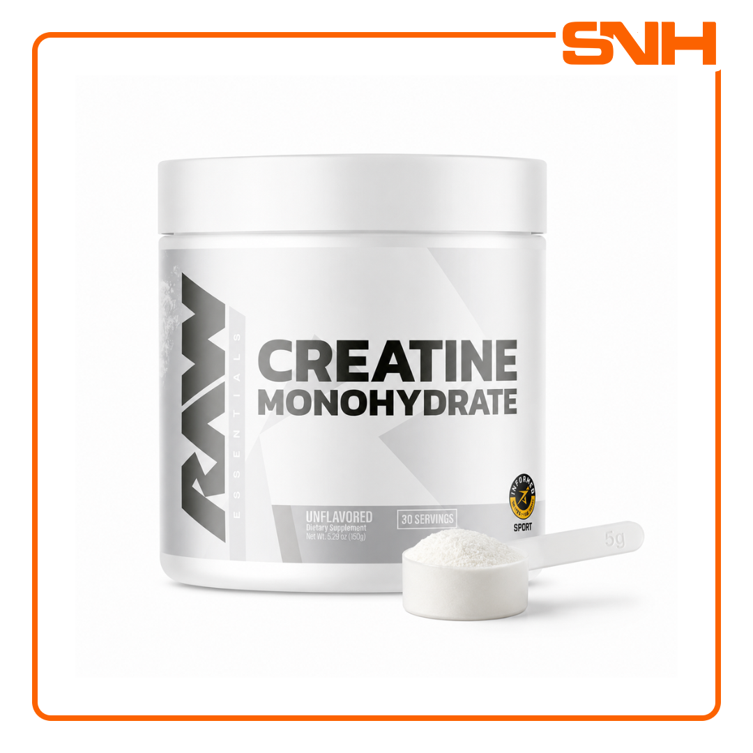 RAW Nutrition Creatine Monohydrate 30-serving tub, US-made athlete-led pure unflavoured creatine with 5g per scoop