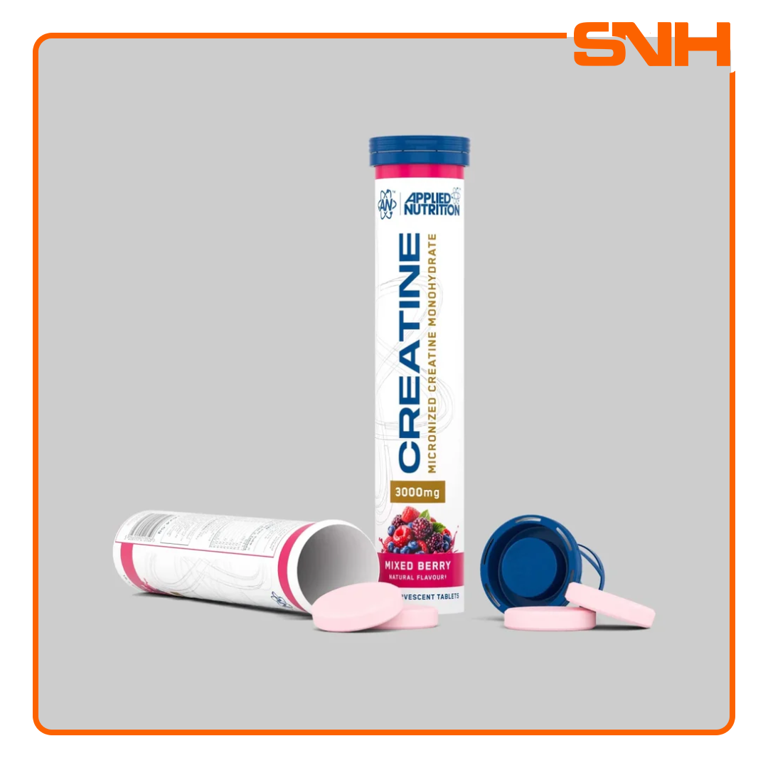 Applied Nutrition Creatine Monohydrate Effervescent Tablets tube, UK-made fast-dissolving creatine effervescent with 5g per tablet for strength
