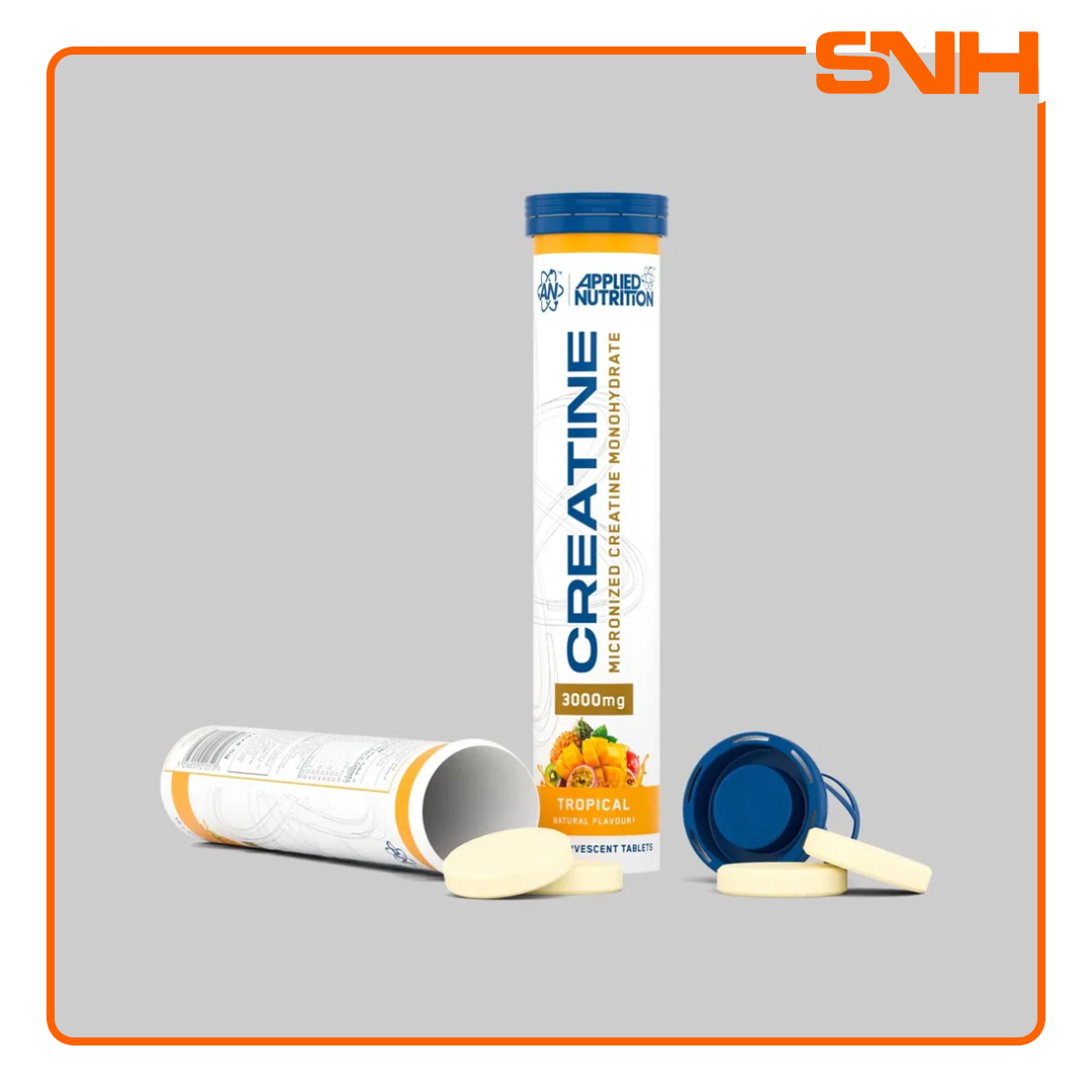 Applied Nutrition Creatine Monohydrate Effervescent Tablets tube, UK-made fast-dissolving creatine effervescent with 5g per tablet for strength