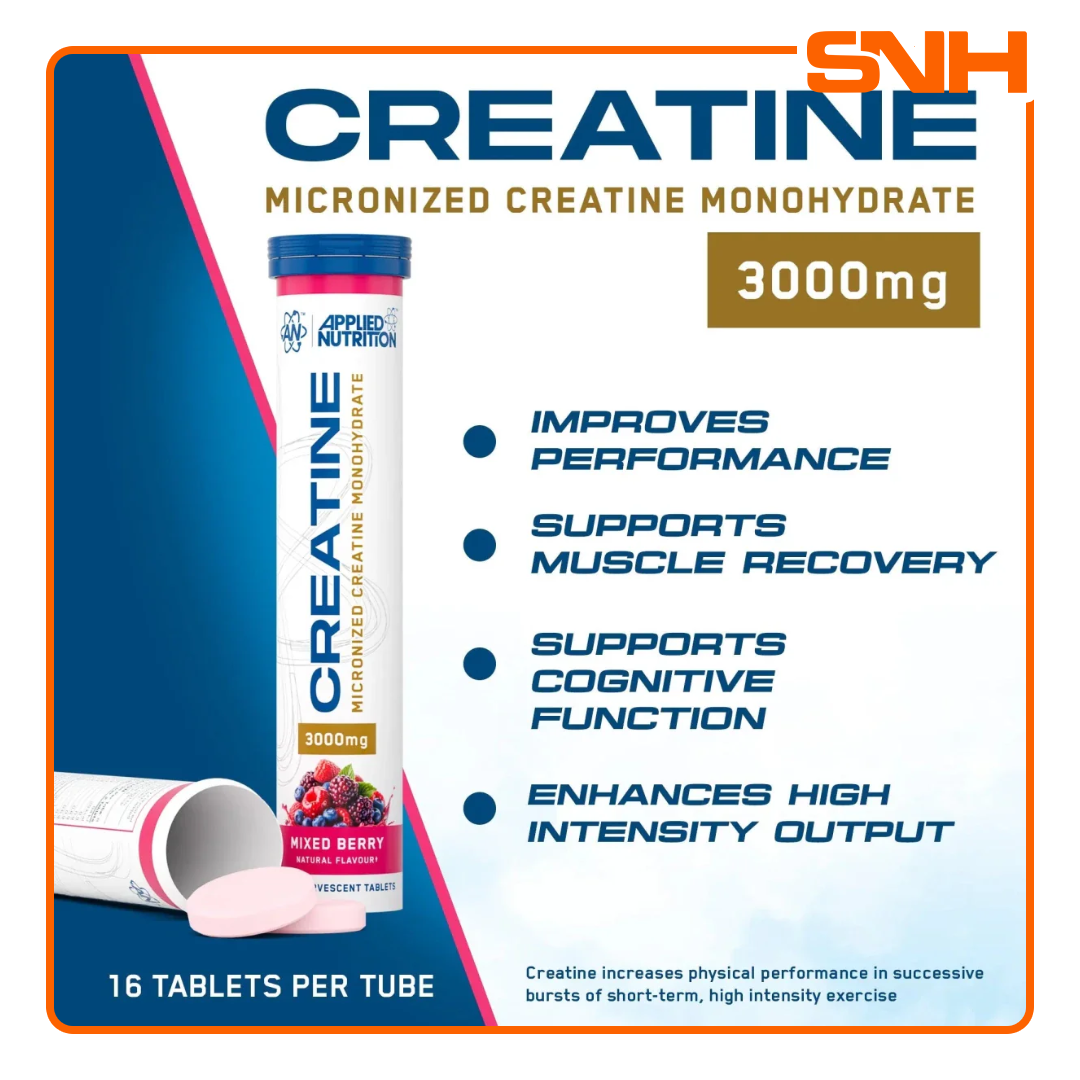 Applied Nutrition Creatine Monohydrate Effervescent Tablets tube, UK-made fast-dissolving creatine effervescent with 5g per tablet for strength