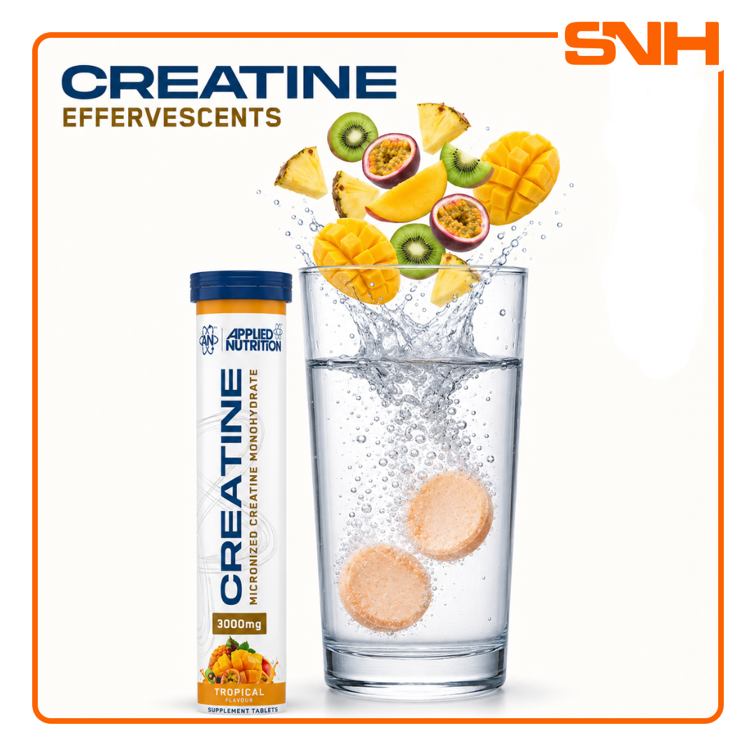 Applied Nutrition Creatine Monohydrate Effervescent Tablets tube, UK-made fast-dissolving creatine effervescent with 5g per tablet for strength