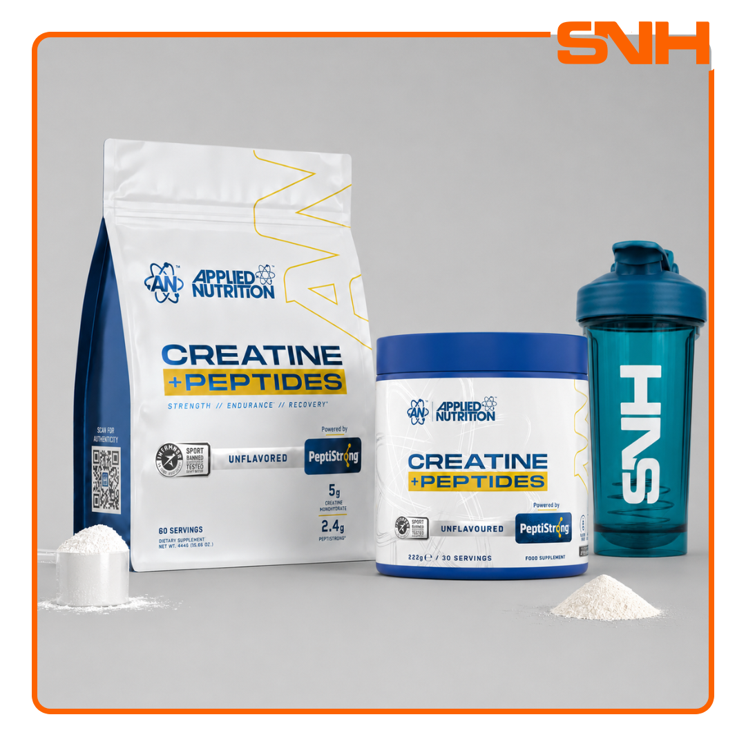 Applied Nutrition Creatine Monohydrate + Peptide tub, UK-made Informed Sport creatine and peptides with PeptiStrong for strength and recovery
