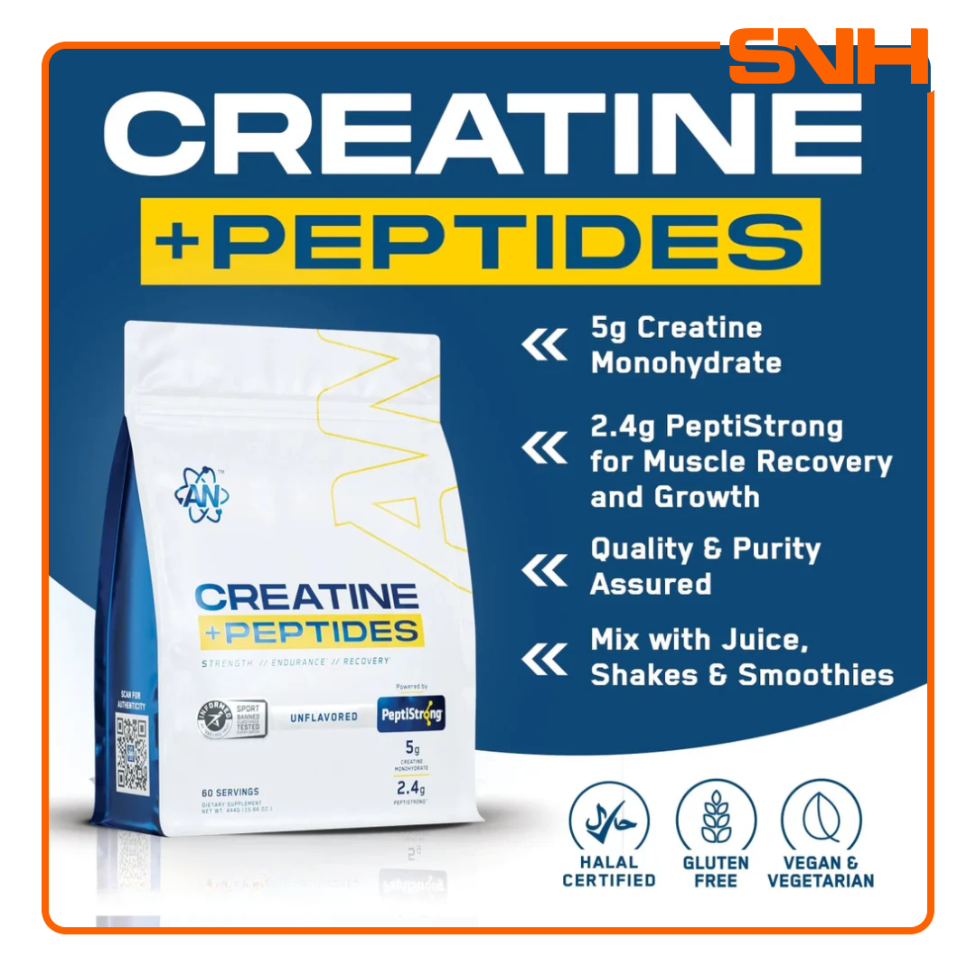 Applied Nutrition Creatine Monohydrate + Peptide tub, UK-made Informed Sport creatine and peptides with PeptiStrong for strength and recovery
