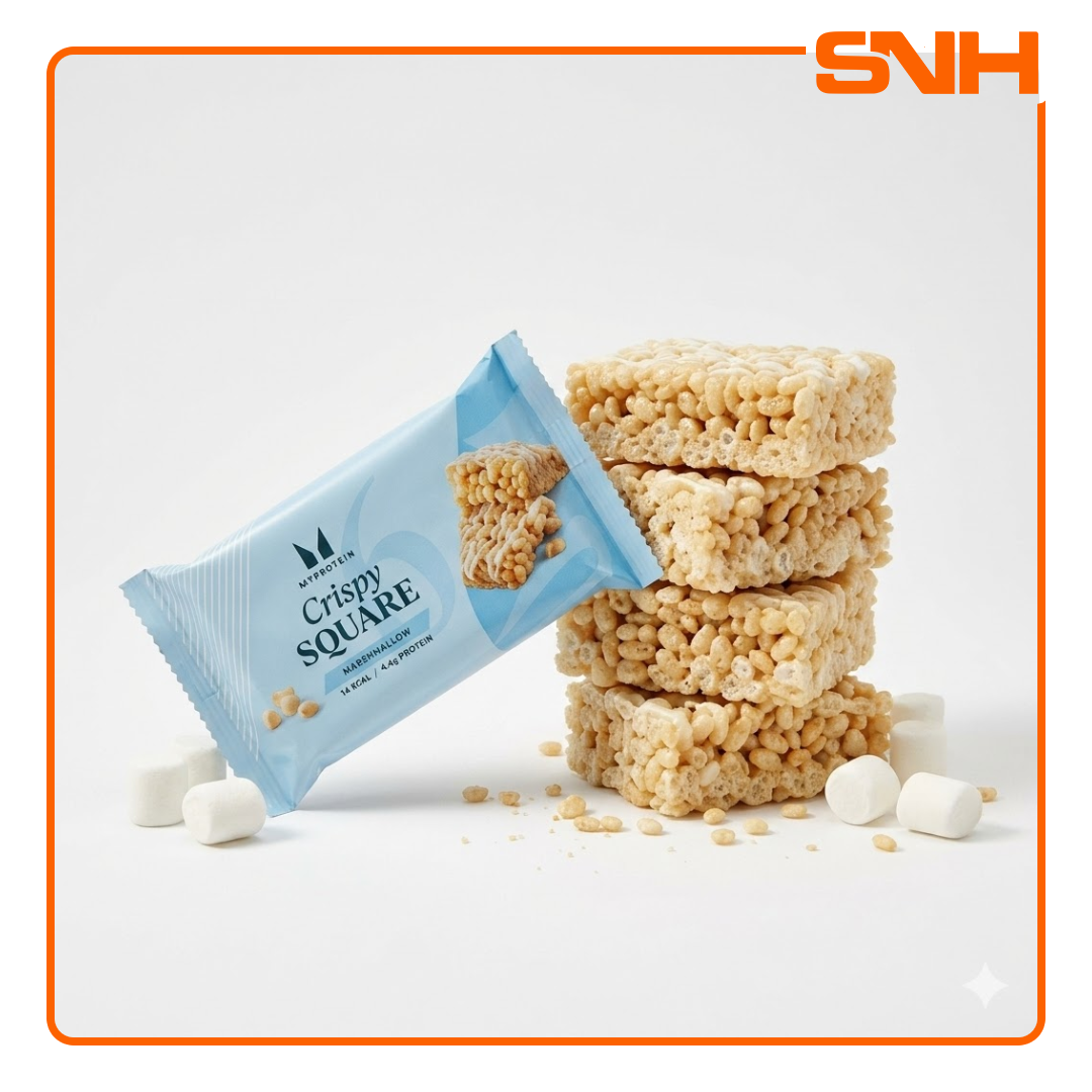 Myprotein Crispy Square Protein Snack with soy protein crispies, marshmallow centre and white chocolate drizzle for a high-protein treat