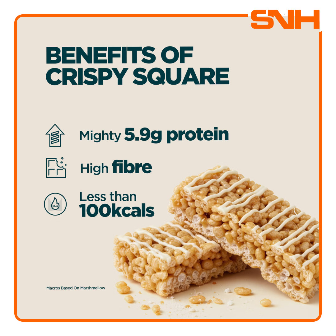 Myprotein Crispy Square Protein Snack with soy protein crispies, marshmallow centre and white chocolate drizzle for a high-protein treat
