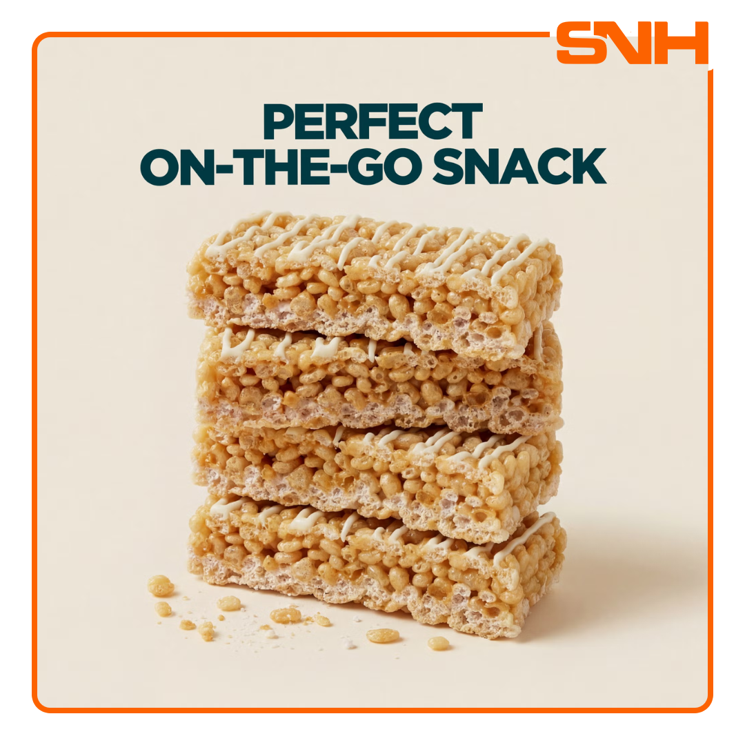 Myprotein Crispy Square Protein Snack with soy protein crispies, marshmallow centre and white chocolate drizzle for a high-protein treat