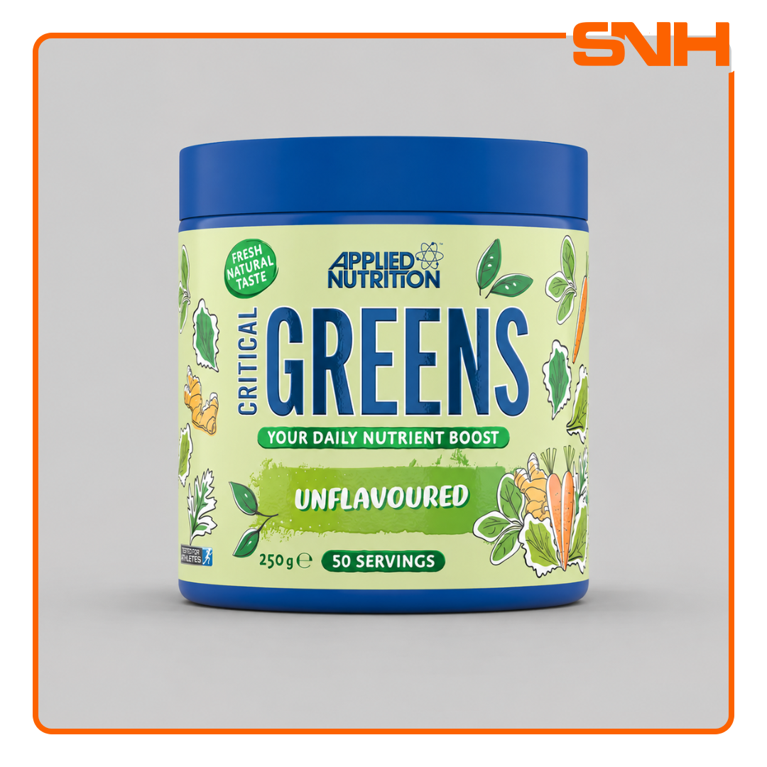 Applied Nutrition Critical Greens Powder tub, UK-made halal daily super-greens extracts blend with 17 ingredients per scoop, no fillers