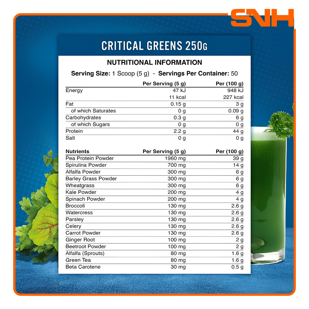 Applied Nutrition Critical Greens Powder tub, UK-made halal daily super-greens extracts blend with 17 ingredients per scoop, no fillers