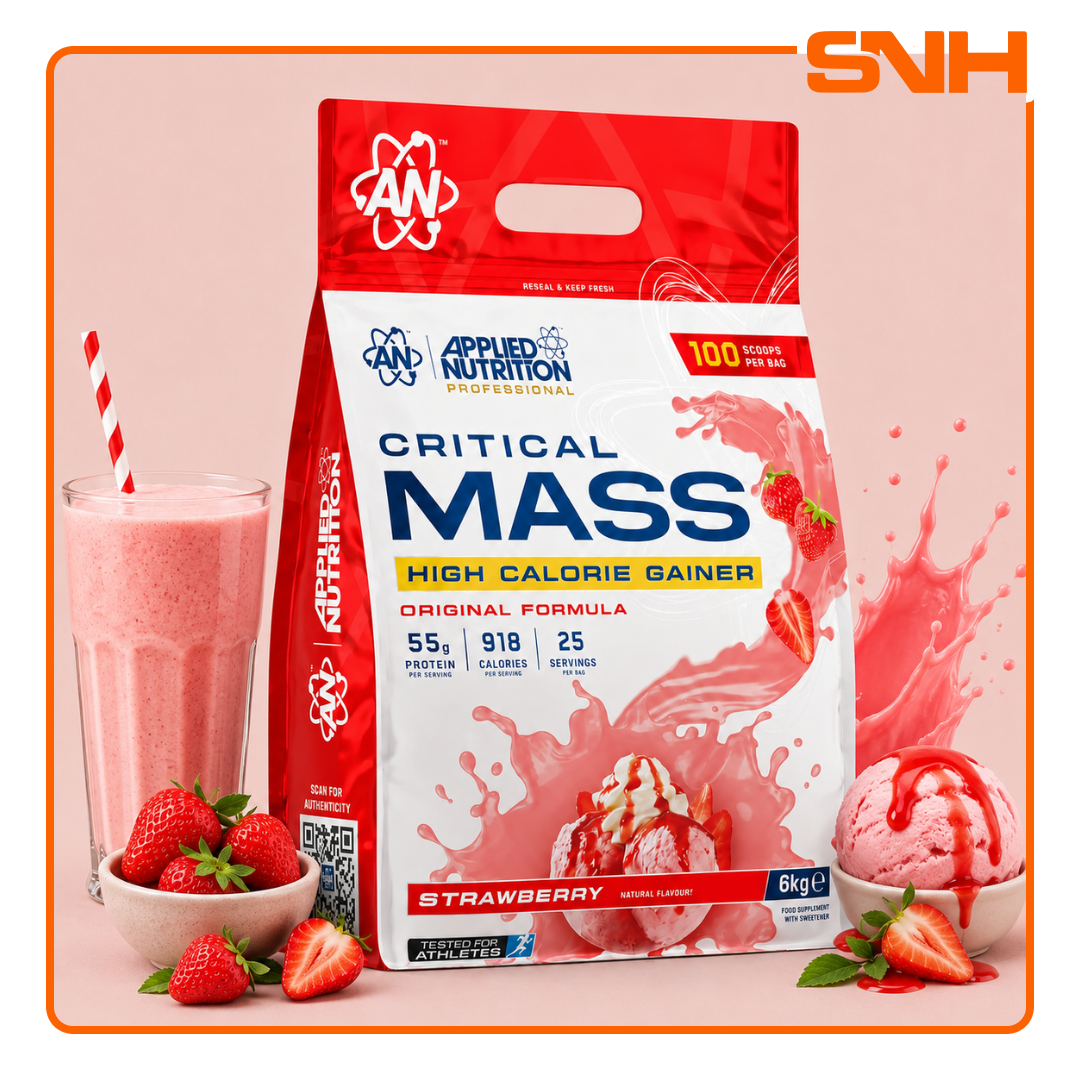 Applied Nutrition Critical Mass Original High Potency 100-scoop tub, UK-made high-potency mass gainer with 58.8g protein and Waxy Maize Starch