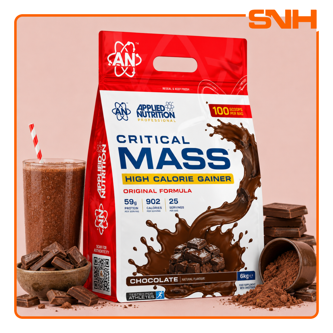 Applied Nutrition Critical Mass Original High Potency 100-scoop tub, UK-made high-potency mass gainer with 58.8g protein and Waxy Maize Starch