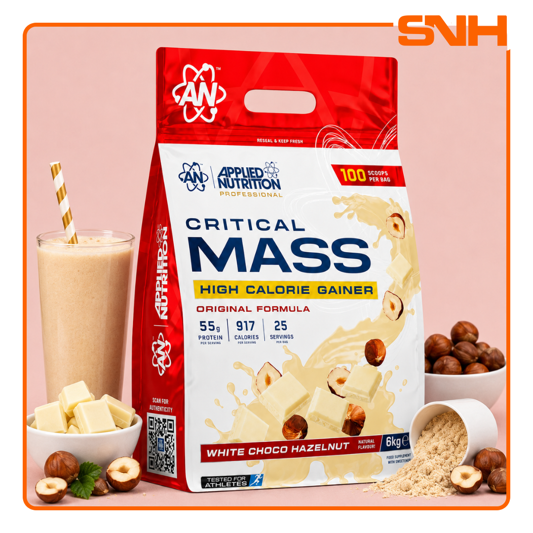 Applied Nutrition Critical Mass Original High Potency 100-scoop tub, UK-made high-potency mass gainer with 58.8g protein and Waxy Maize Starch