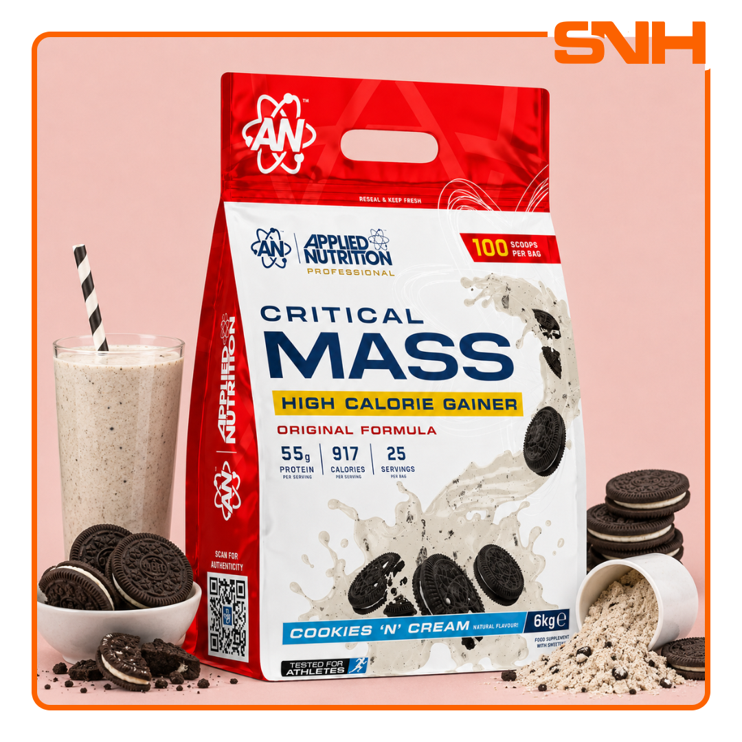 Applied Nutrition Critical Mass Original High Potency 100-scoop tub, UK-made high-potency mass gainer with 58.8g protein and Waxy Maize Starch