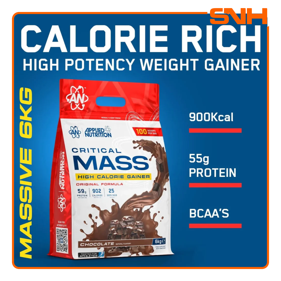 Applied Nutrition Critical Mass Original High Potency 100-scoop tub, UK-made high-potency mass gainer with 58.8g protein and Waxy Maize Starch