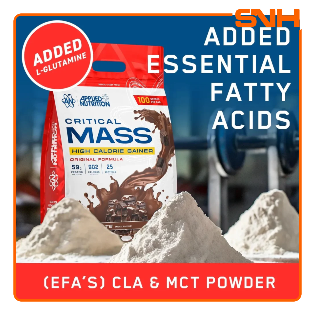Applied Nutrition Critical Mass Original High Potency 100-scoop tub, UK-made high-potency mass gainer with 58.8g protein and Waxy Maize Starch