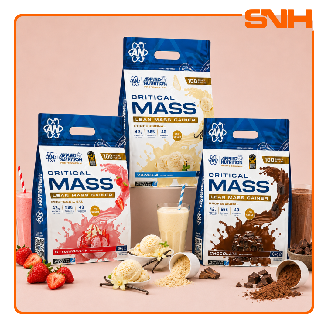 Applied Nutrition Critical Mass Professional 100-scoop tub, UK-made Informed Sport mass gainer with 42g protein and HMB-Creatine matrix per serving