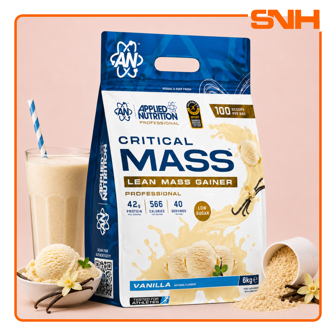 Applied Nutrition Critical Mass Professional 100-scoop tub, UK-made Informed Sport mass gainer with 42g protein and HMB-Creatine matrix per serving