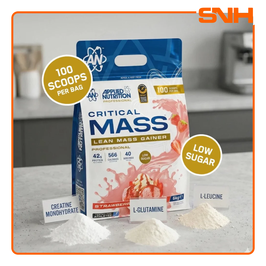 Applied Nutrition Critical Mass Professional 100-scoop tub, UK-made Informed Sport mass gainer with 42g protein and HMB-Creatine matrix per serving