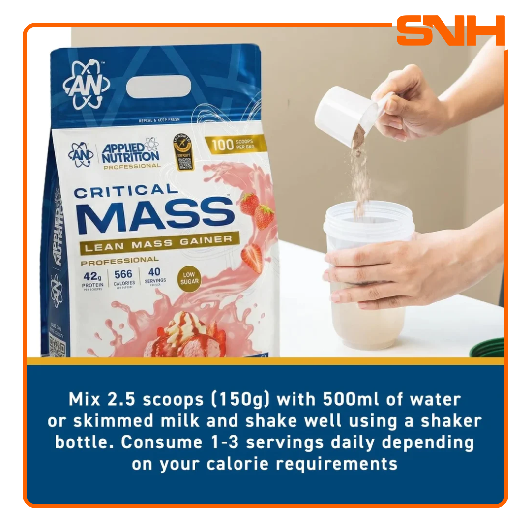 Applied Nutrition Critical Mass Professional 100-scoop tub, UK-made Informed Sport mass gainer with 42g protein and HMB-Creatine matrix per serving