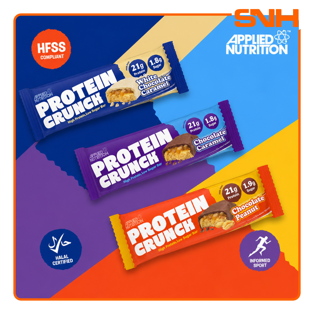Applied Nutrition Crunch Protein Bar 62g, UK-made HFSS compliant protein bar with soft protein base and crispy crunch layer for daily macros