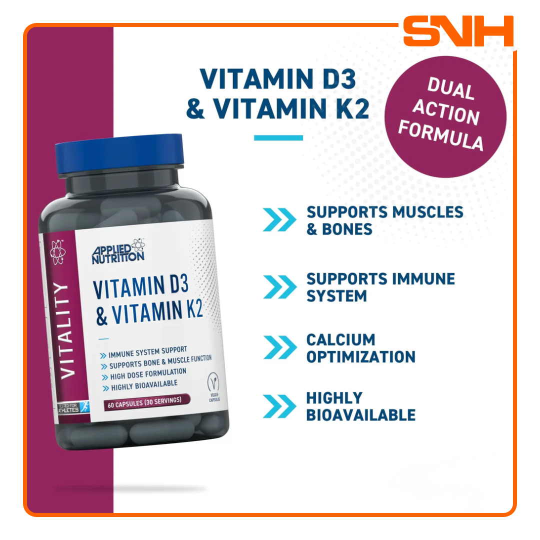 Applied Nutrition Vitamin D3 & K2 capsules bottle, UK-made halal high-strength Vitamin D3 with K2 for bone, heart, and immune support