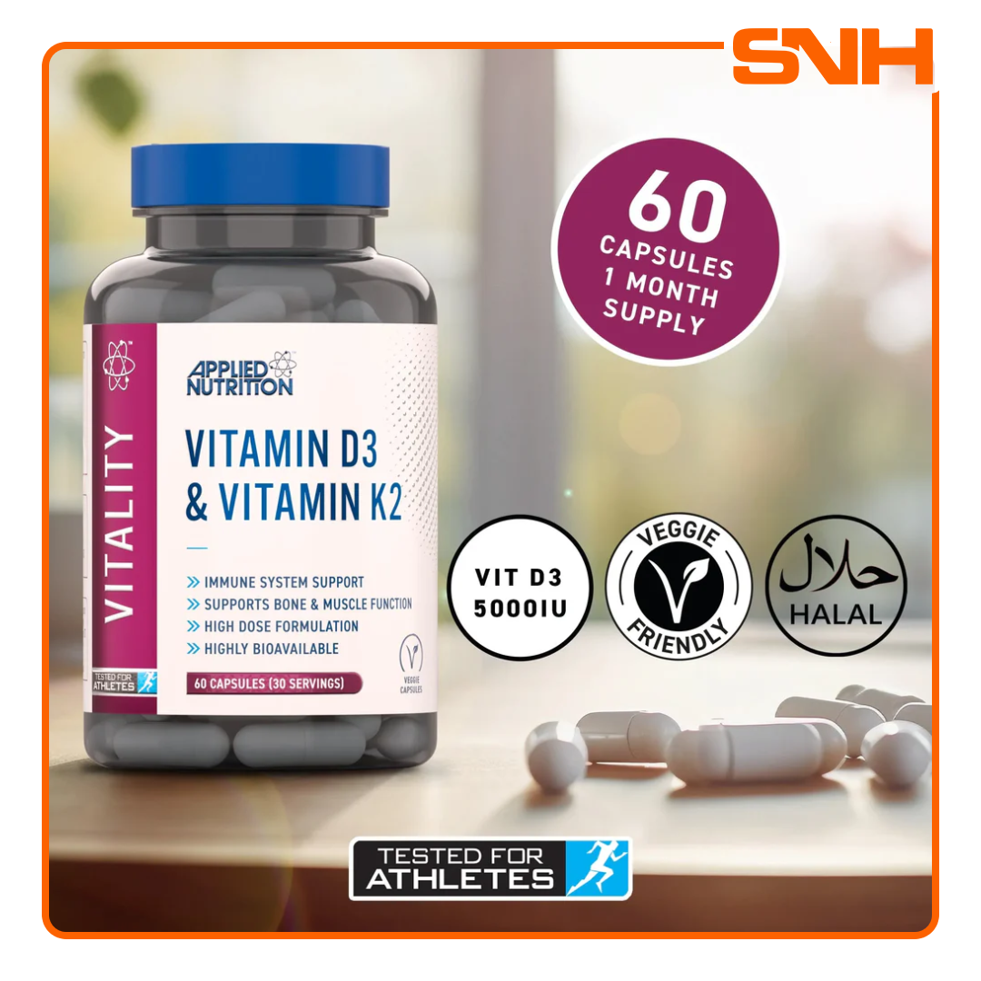 Applied Nutrition Vitamin D3 & K2 capsules bottle, UK-made halal high-strength Vitamin D3 with K2 for bone, heart, and immune support