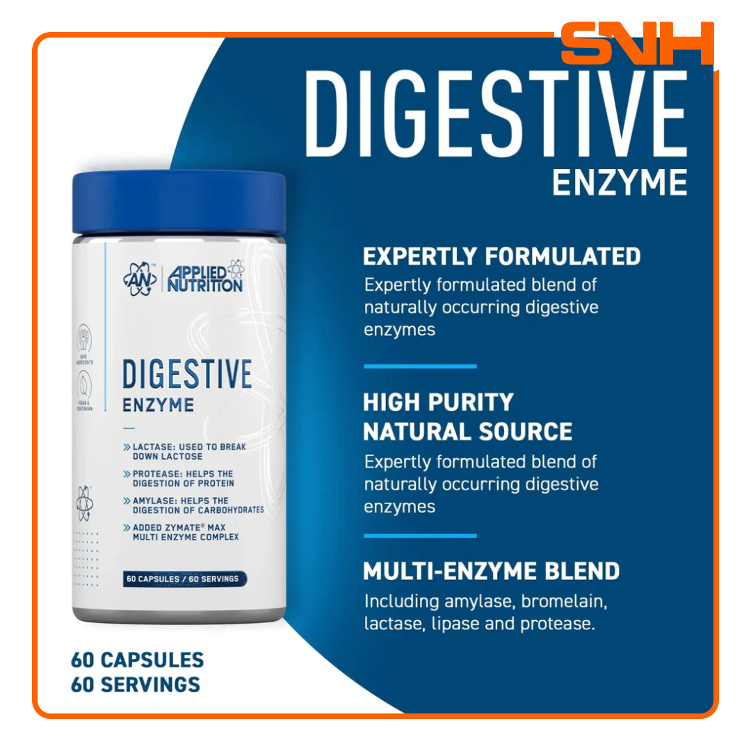Applied Nutrition Digestive Enzyme Capsules bottle, UK-made halal 10-enzyme digestion support with lactase, bromelain, and protease