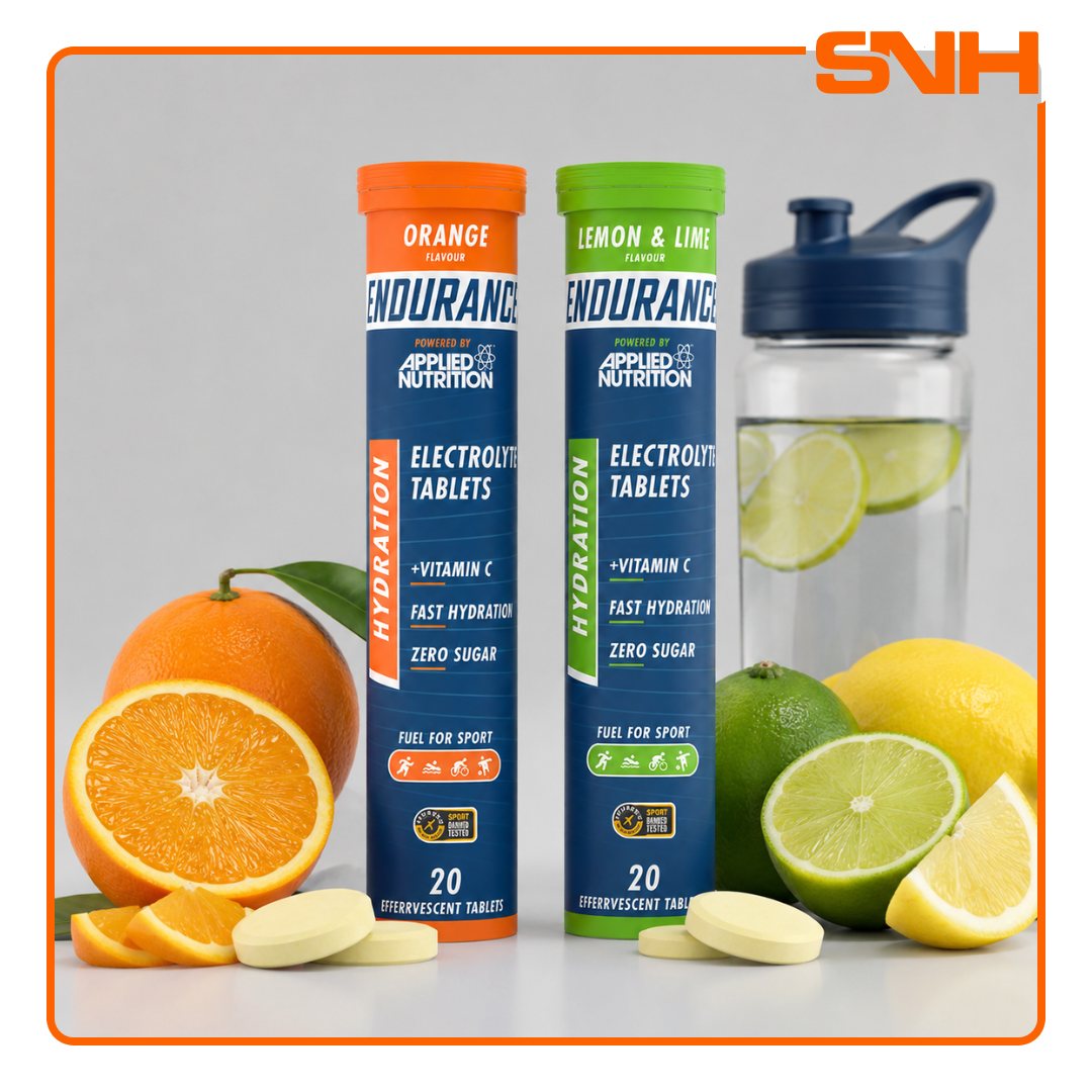 Applied Nutrition Endurance Hydration Electrolyte Tablets tube, UK-made zero-sugar effervescent endurance tablets for hydration and training