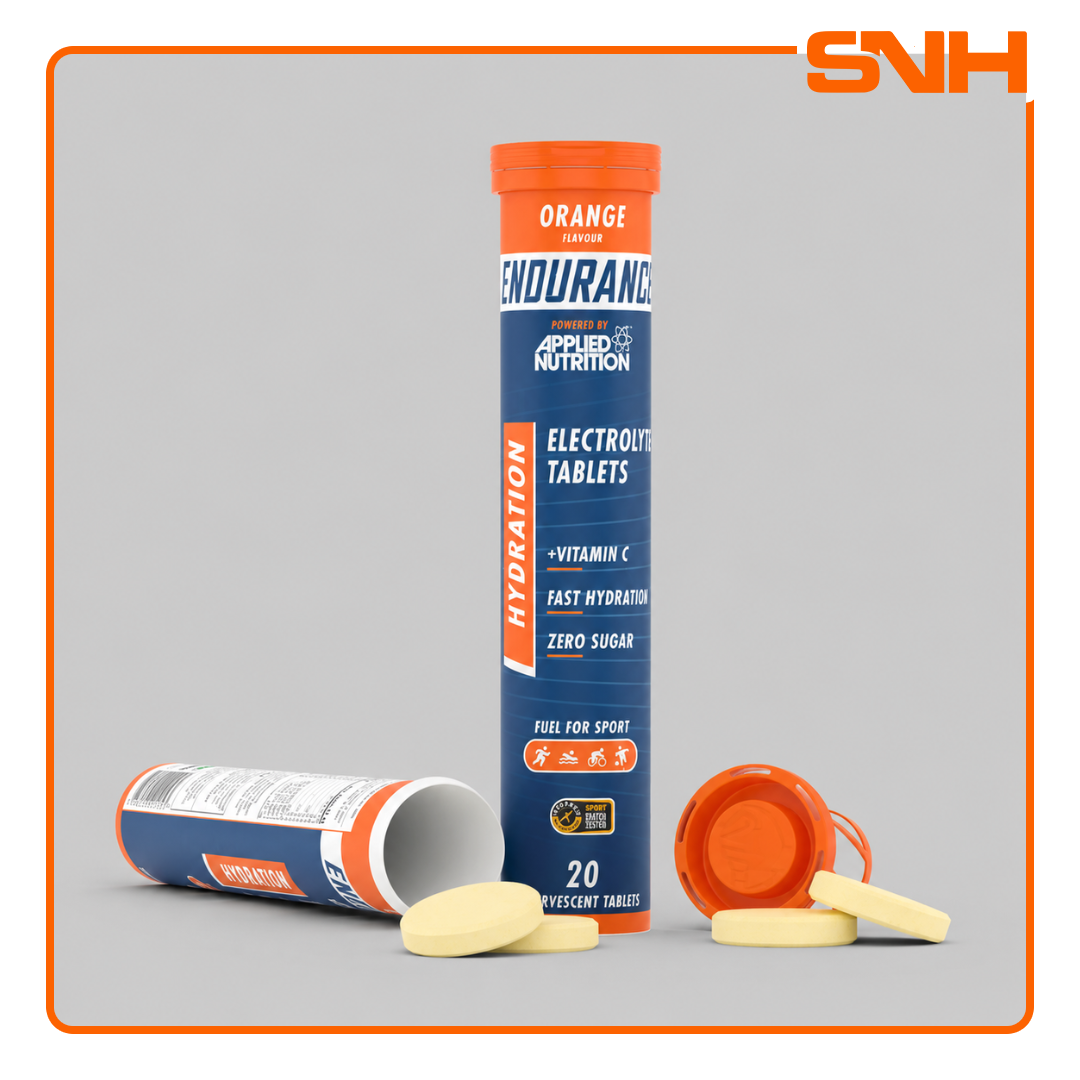 Applied Nutrition Endurance Hydration Electrolyte Tablets tube, UK-made zero-sugar effervescent endurance tablets for hydration and training