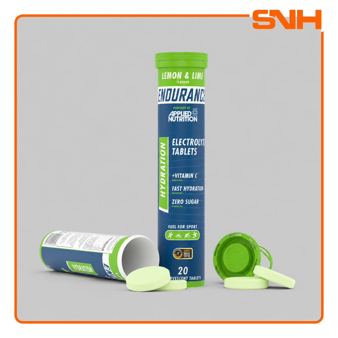 Applied Nutrition Endurance Hydration Electrolyte Tablets tube, UK-made zero-sugar effervescent endurance tablets for hydration and training