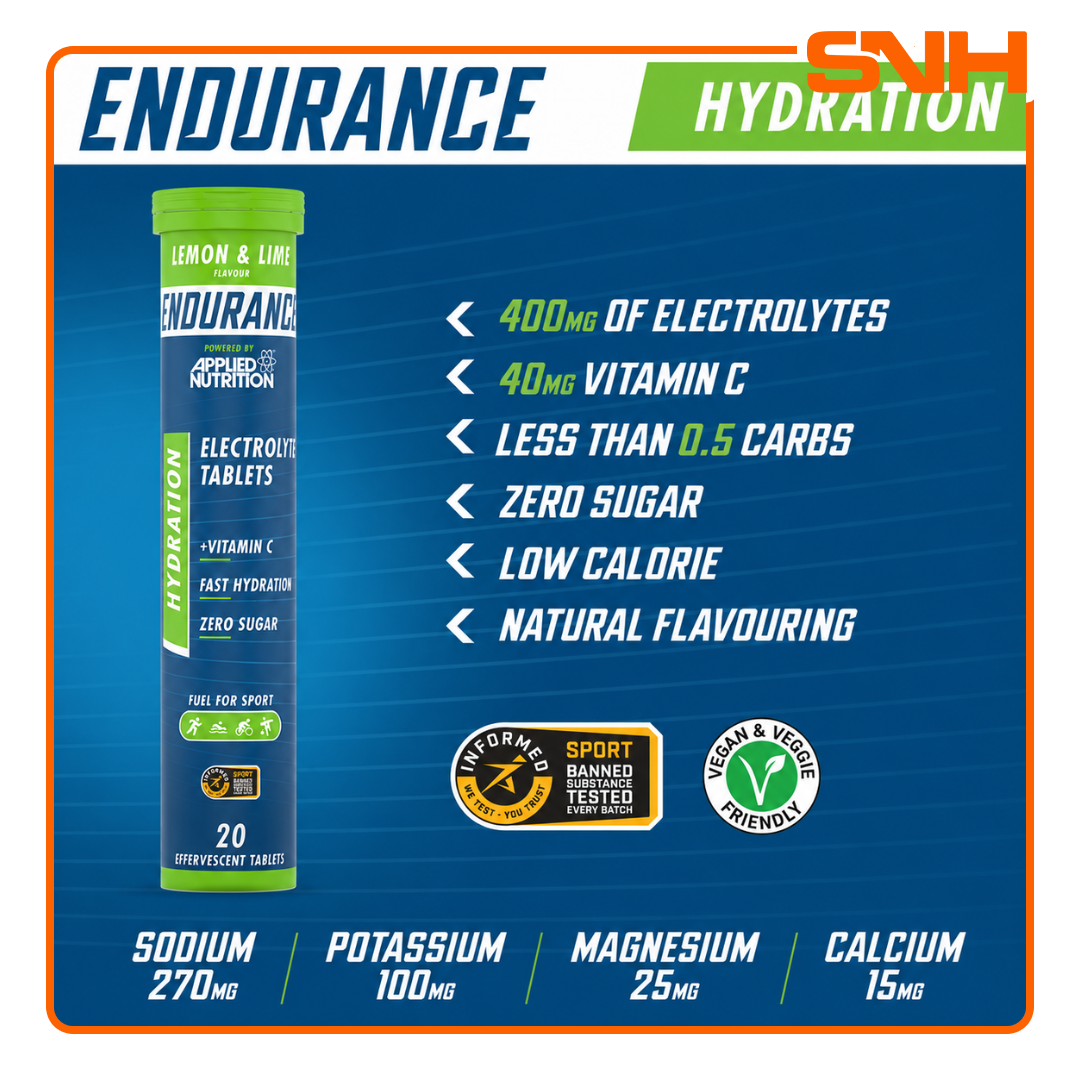 Applied Nutrition Endurance Hydration Electrolyte Tablets tube, UK-made zero-sugar effervescent endurance tablets for hydration and training