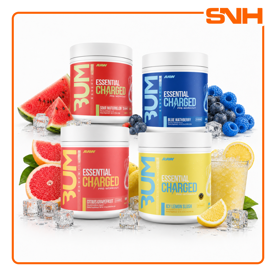 RAW Nutrition Essential Charged Pre-Workout tub, US-made high-stim pre-workout with 6g L-Citrulline and 350mg caffeine per scoop